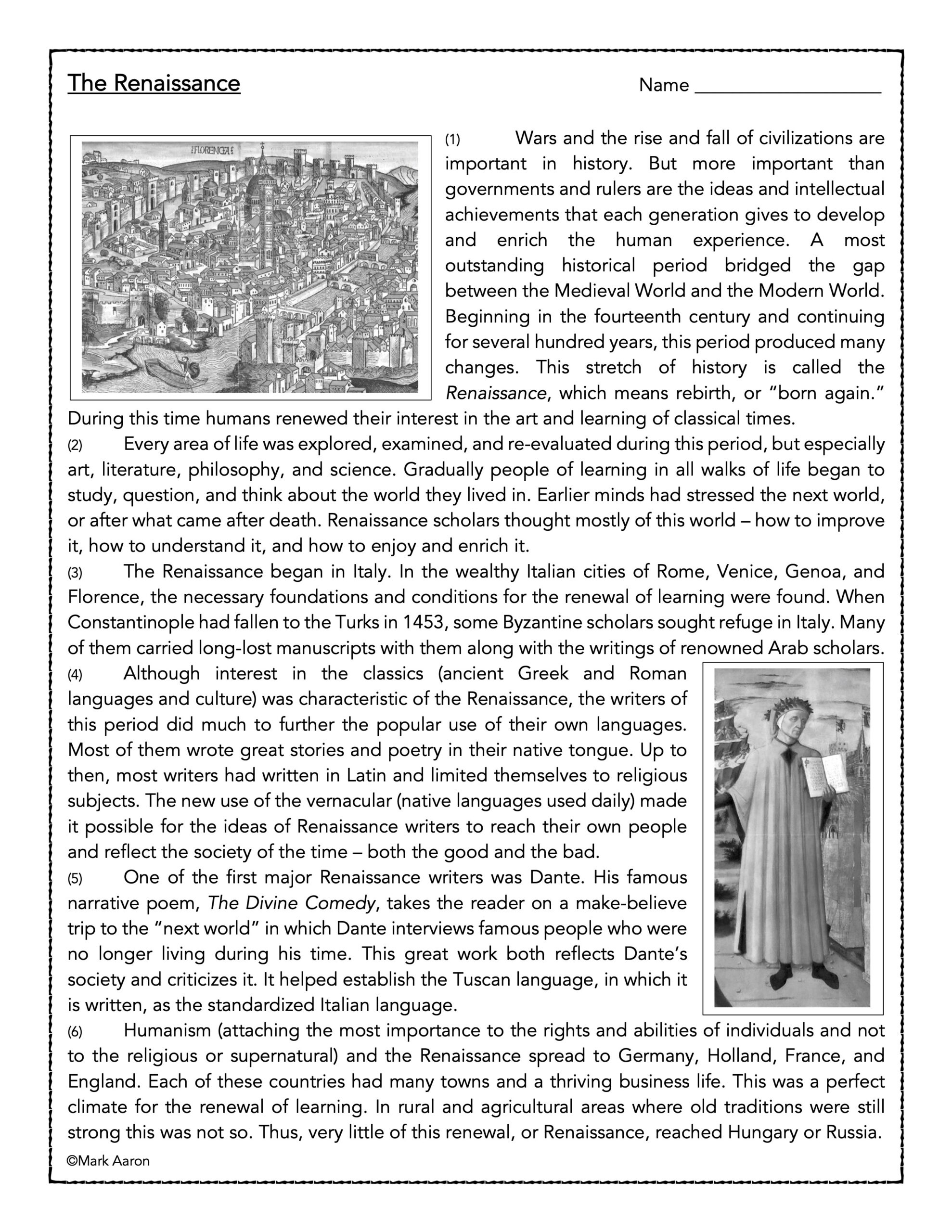 The Renaissance- History Reading Passage And Assessment - Classful with Renaissance Reading Comprehension Worksheets