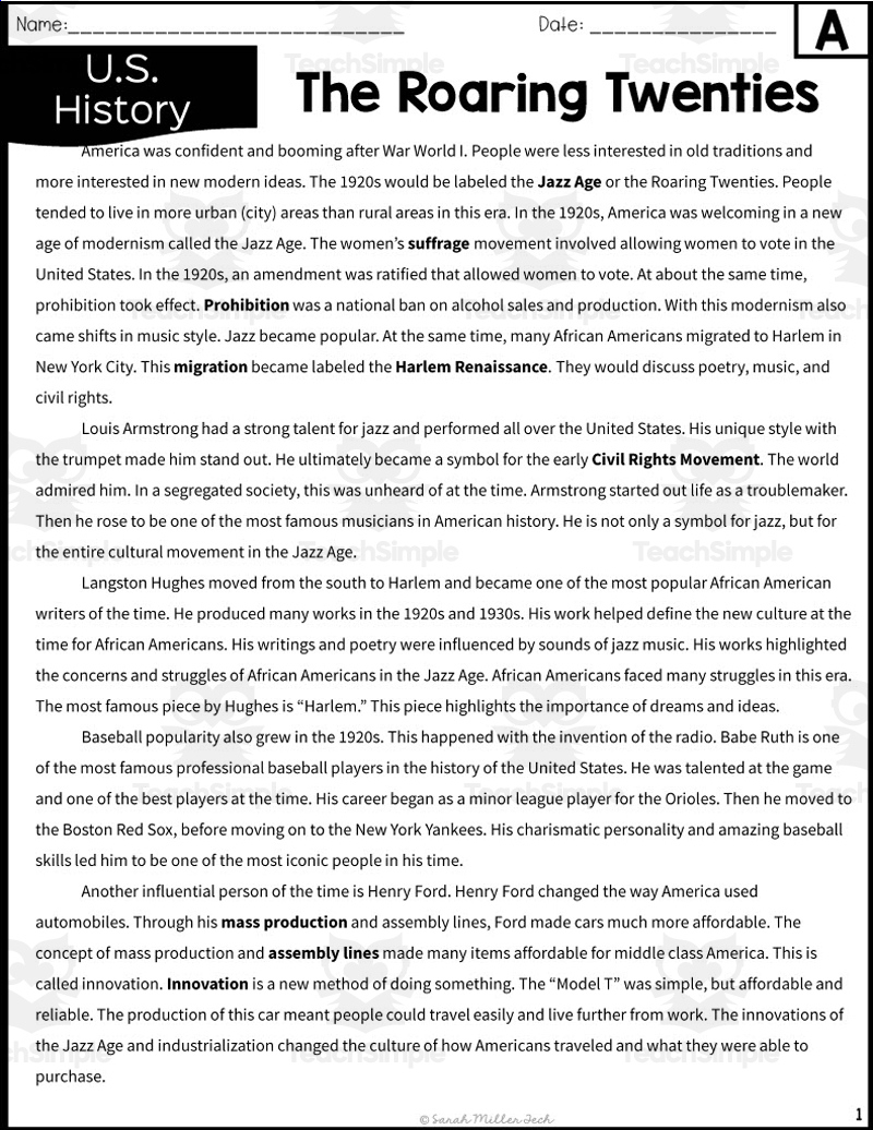 The Roaring Twenties Reading Packet with Roaring Twenties Reading Comprehension Worksheets