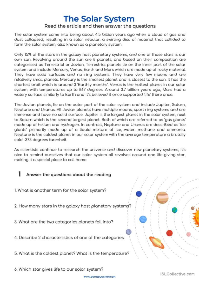 The Solar System: English Esl Worksheets Pdf &amp;amp; Doc pertaining to The Solar System Reading Comprehension Worksheet