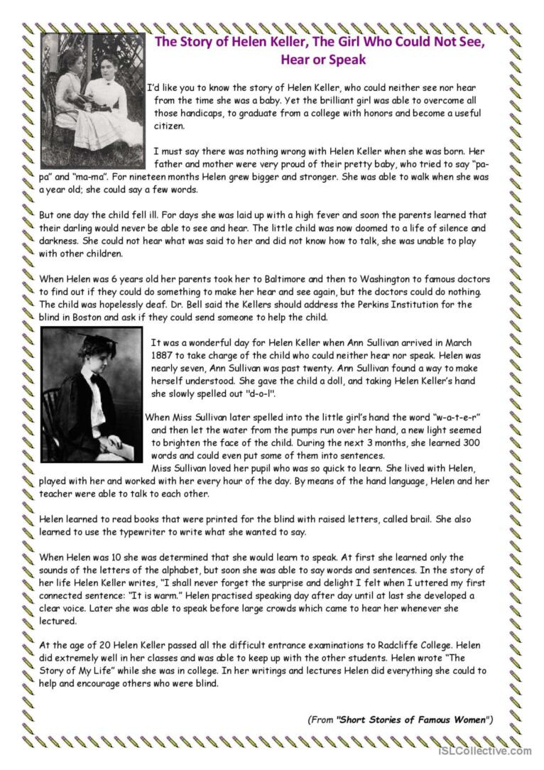 The Story Of Helen Kellar Reading Fo…: English Esl Worksheets Pdf intended for Roaring Twenties Reading Comprehension Worksheets