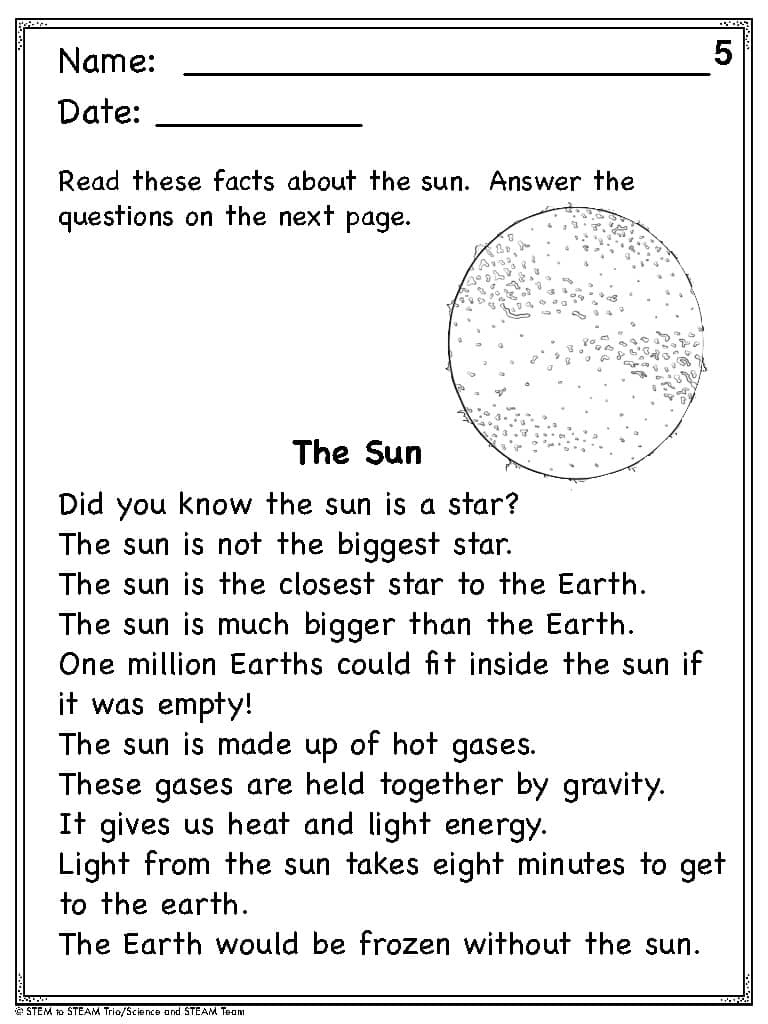 The Sun Reading Comprehension For 1St Gradescience And Steam Team pertaining to Sun Reading Comprehension Worksheets