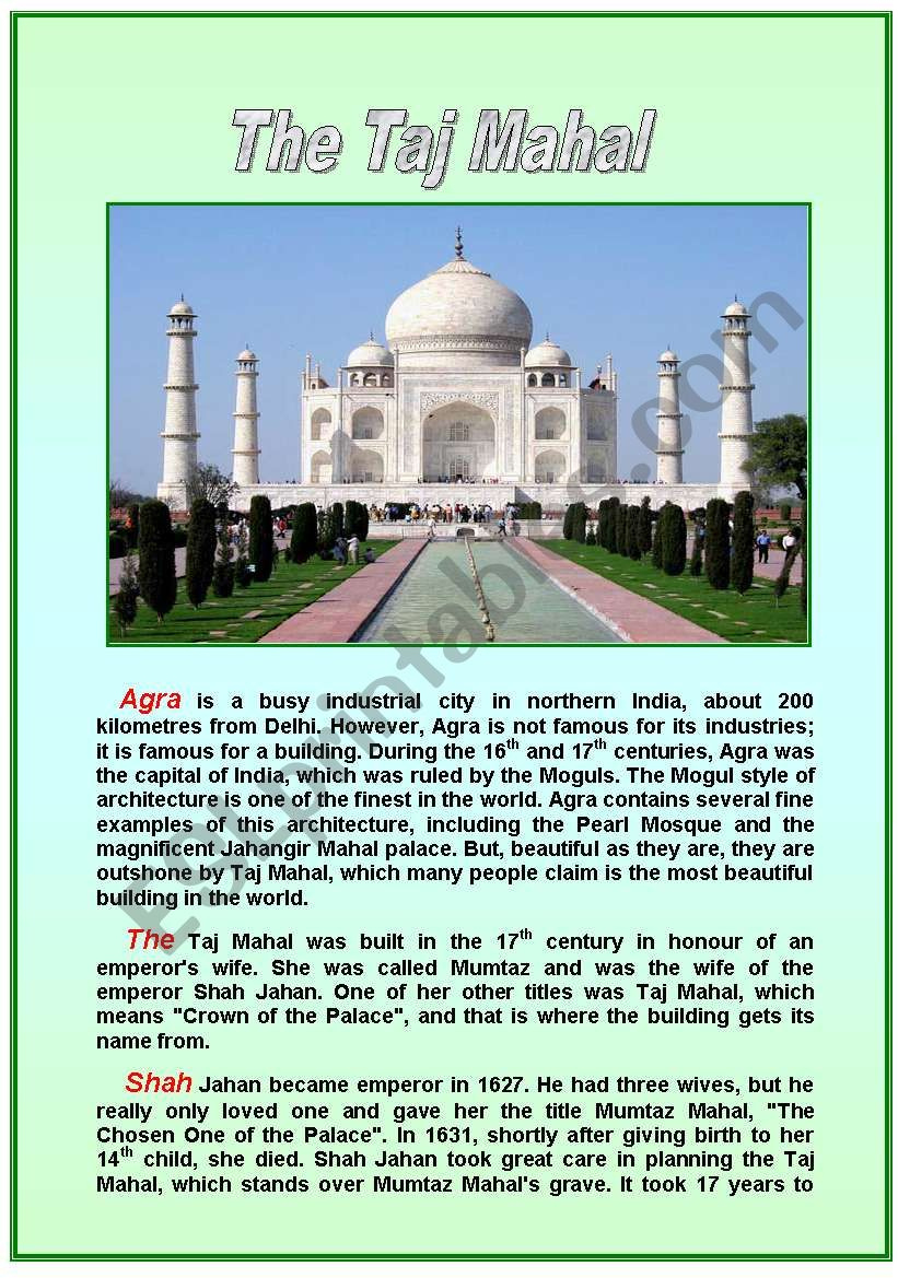 The Taj Mahal Reading Comprehension - Esl Worksheetprofy2007 inside Taj Mahal Reading Comprehension Worksheet