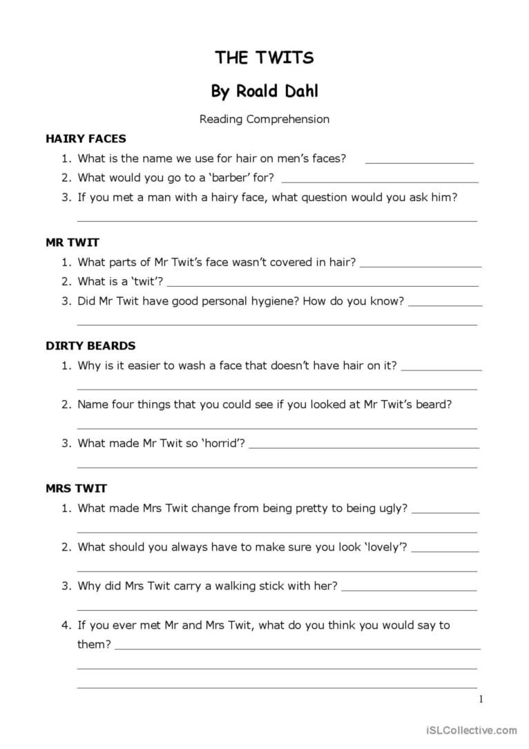 The Twits&amp;#039;Roald Dahl Reading Co…: English Esl Worksheets Pdf &amp;amp; Doc regarding Roald Dahl Reading Comprehension Worksheets