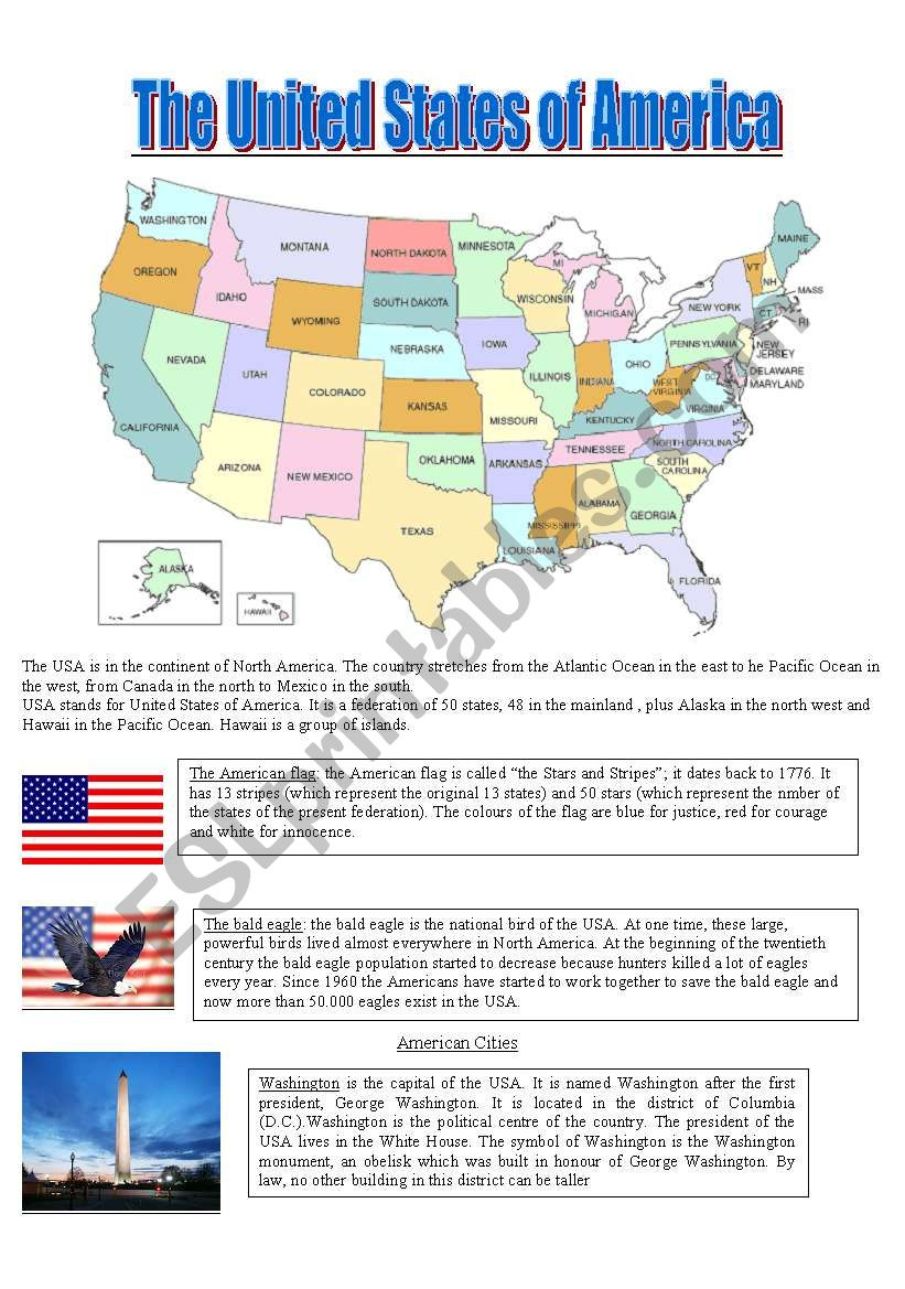 The Usa - Reading Comprehension - Esl Worksheetchiaras in United States Reading Comprehension Worksheets