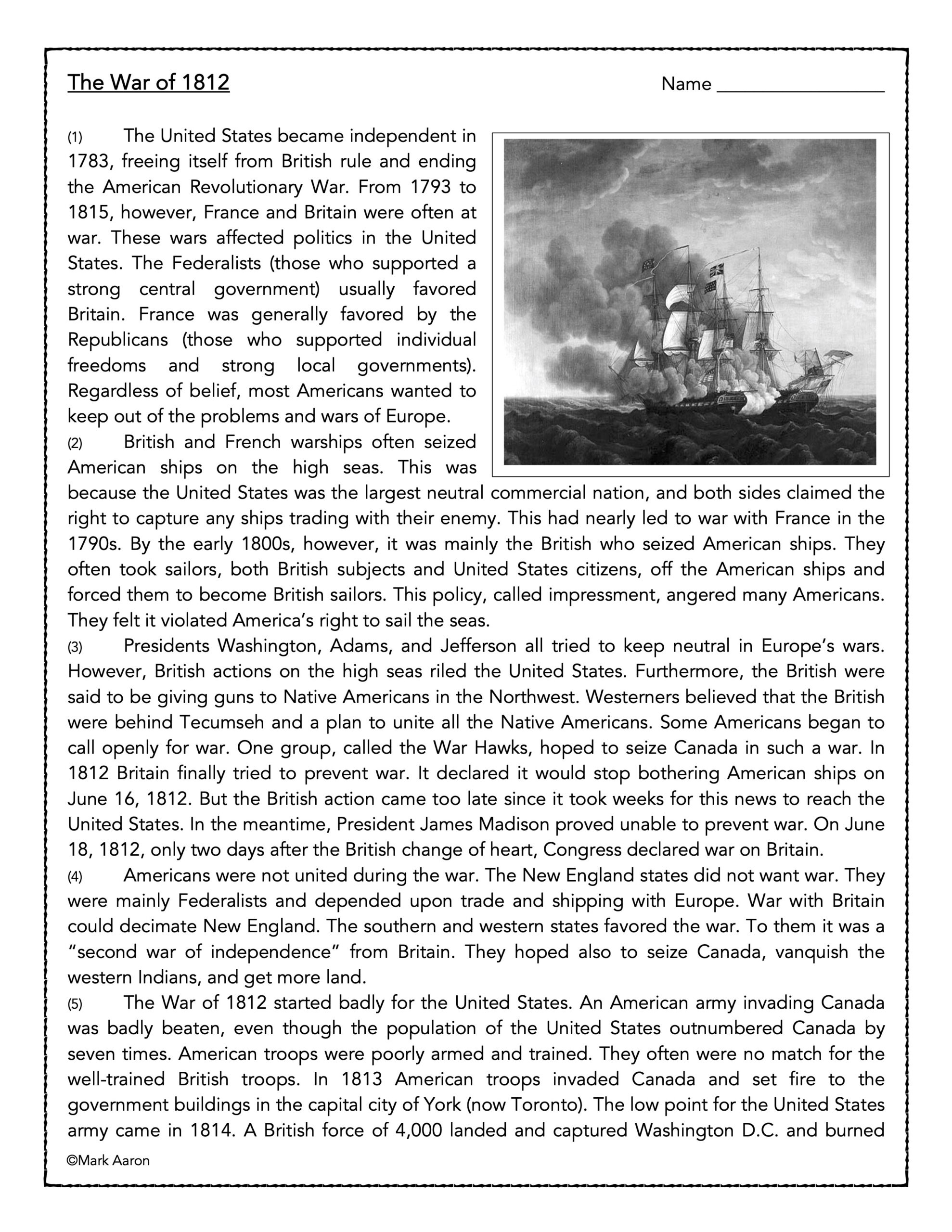 The War Of 1812- History Reading Passage And Assessment - Classful with War of 1812 Reading Comprehension Worksheet