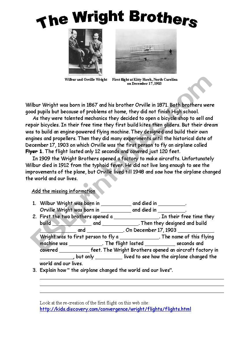 The Wright Brothers - Esl Worksheetronit85 inside Free Wright Brothers Reading Comprehension Worksheet