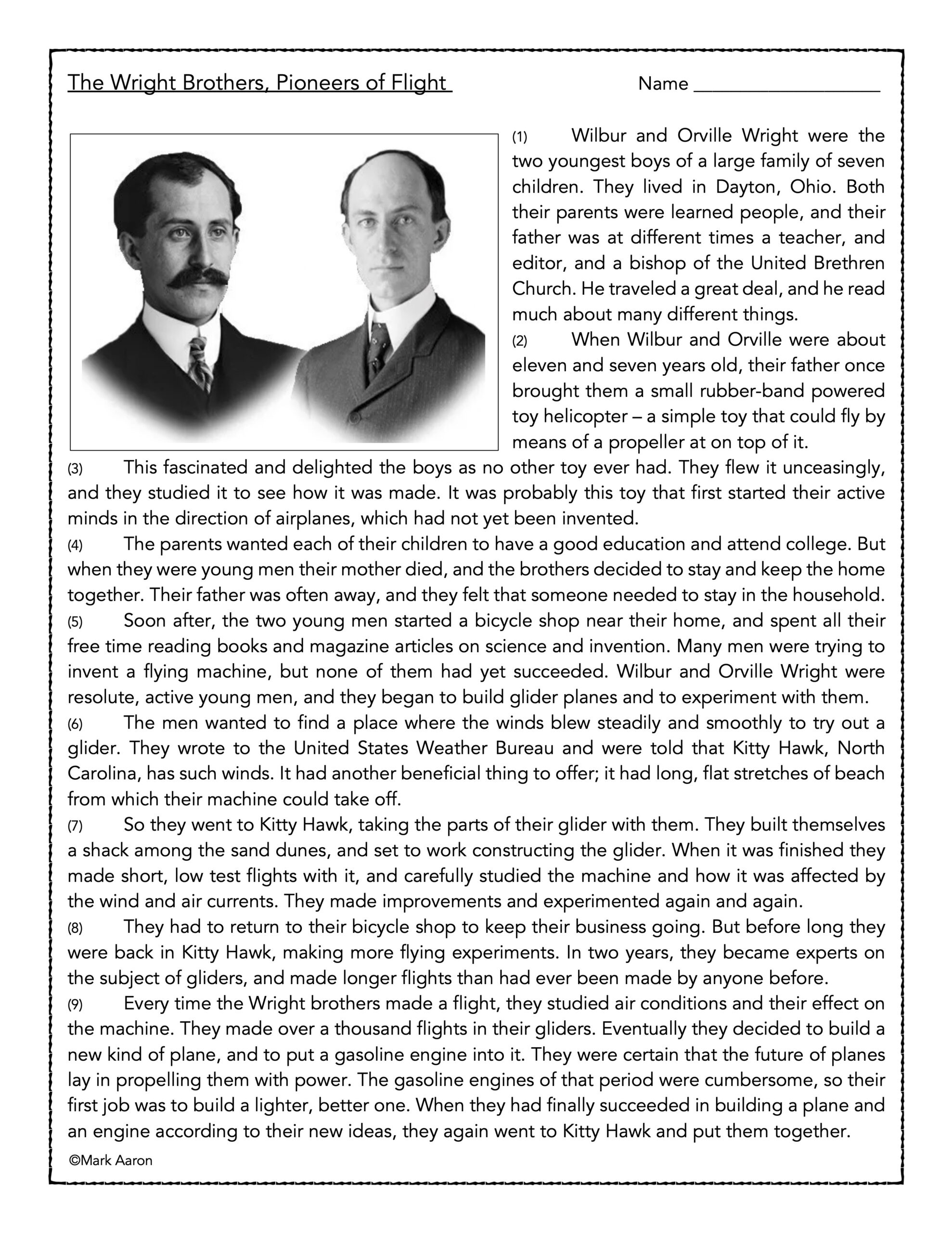The Wright Brothers, Pioneers Of Flight- History Reading Passage throughout Free Wright Brothers Reading Comprehension Worksheet