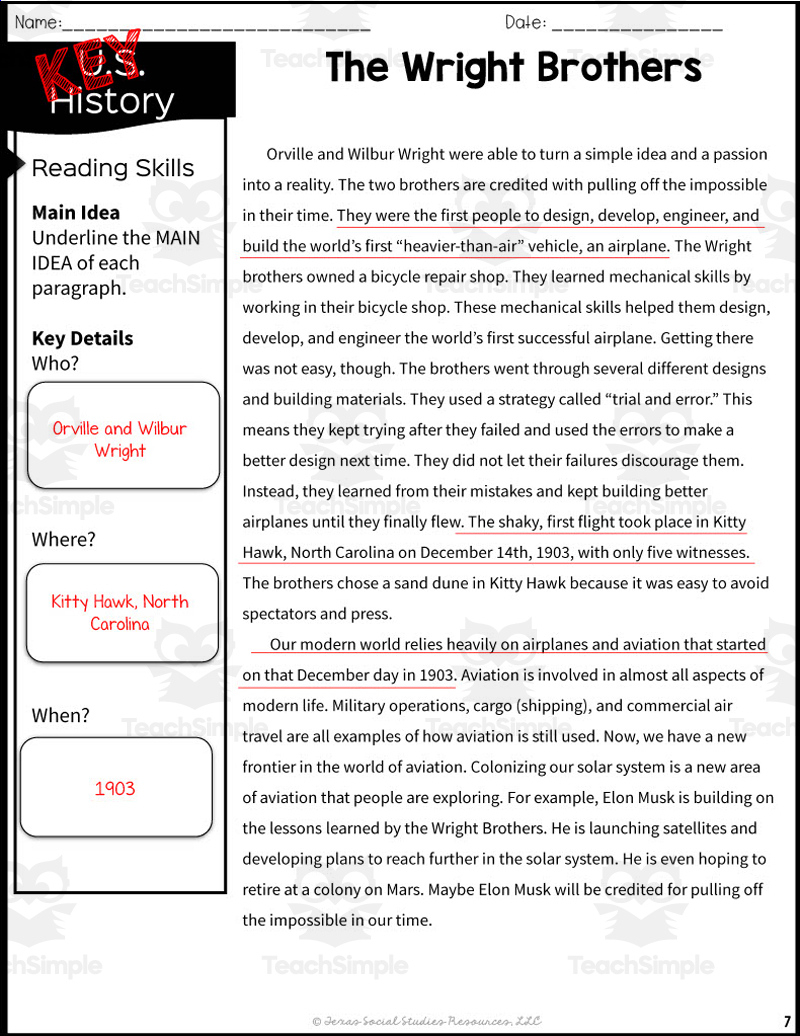 The Wright Brothers Reading Packet - 5Th Grade Teks with Wright Brothers Reading Comprehension Worksheet