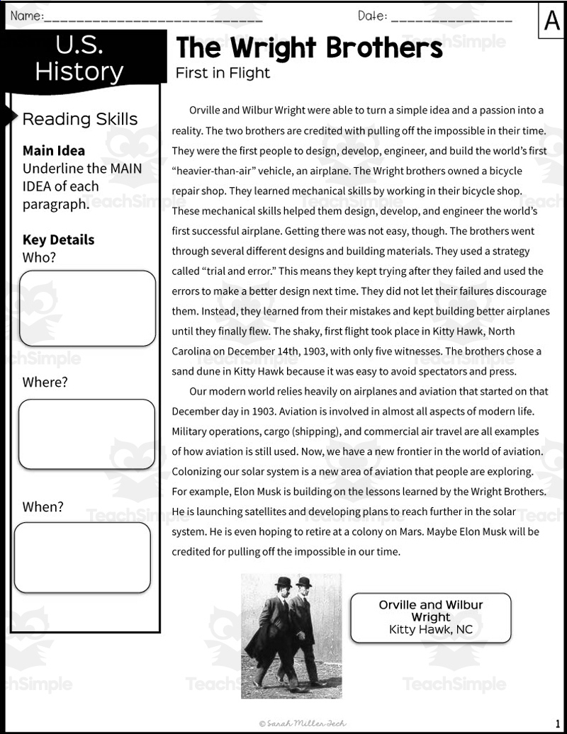 The Wright Brothers Reading Packet in Wright Brothers Reading Comprehension Worksheet