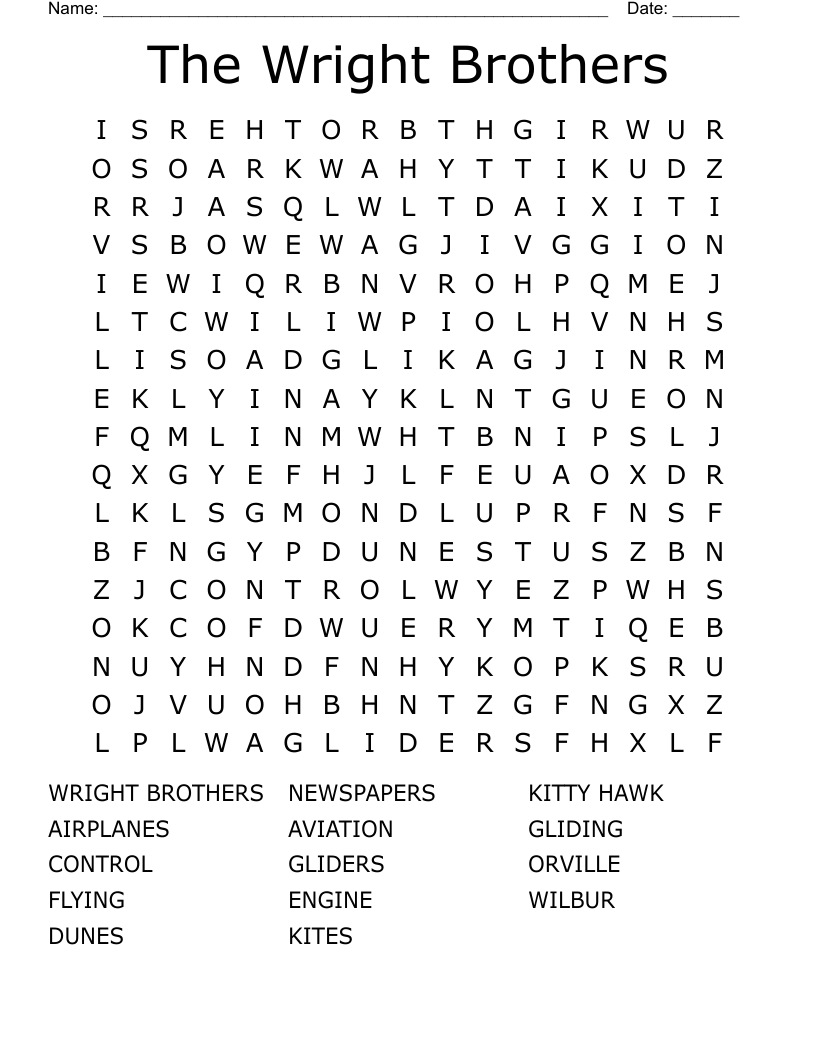 The Wright Brothers Word Search - Wordmint with Free Wright Brothers Reading Comprehension Worksheet