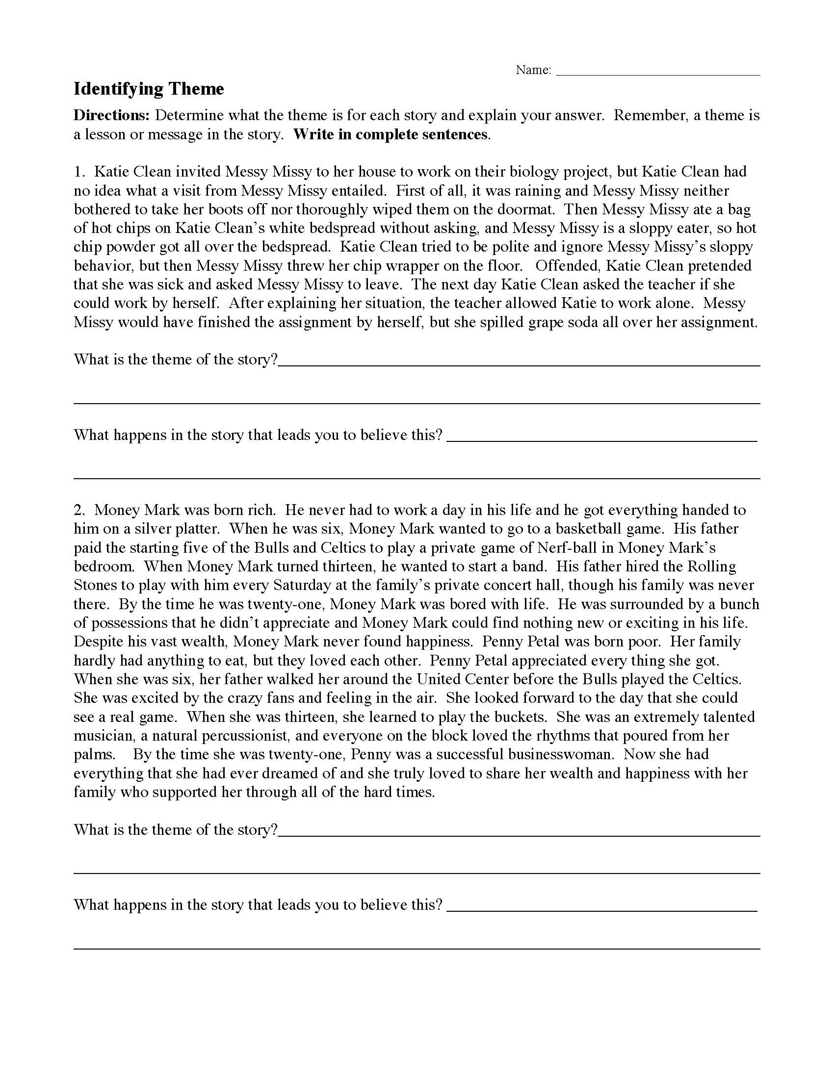 Theme Worksheet 1 | Reading Activity inside Theme Reading Comprehension Worksheet