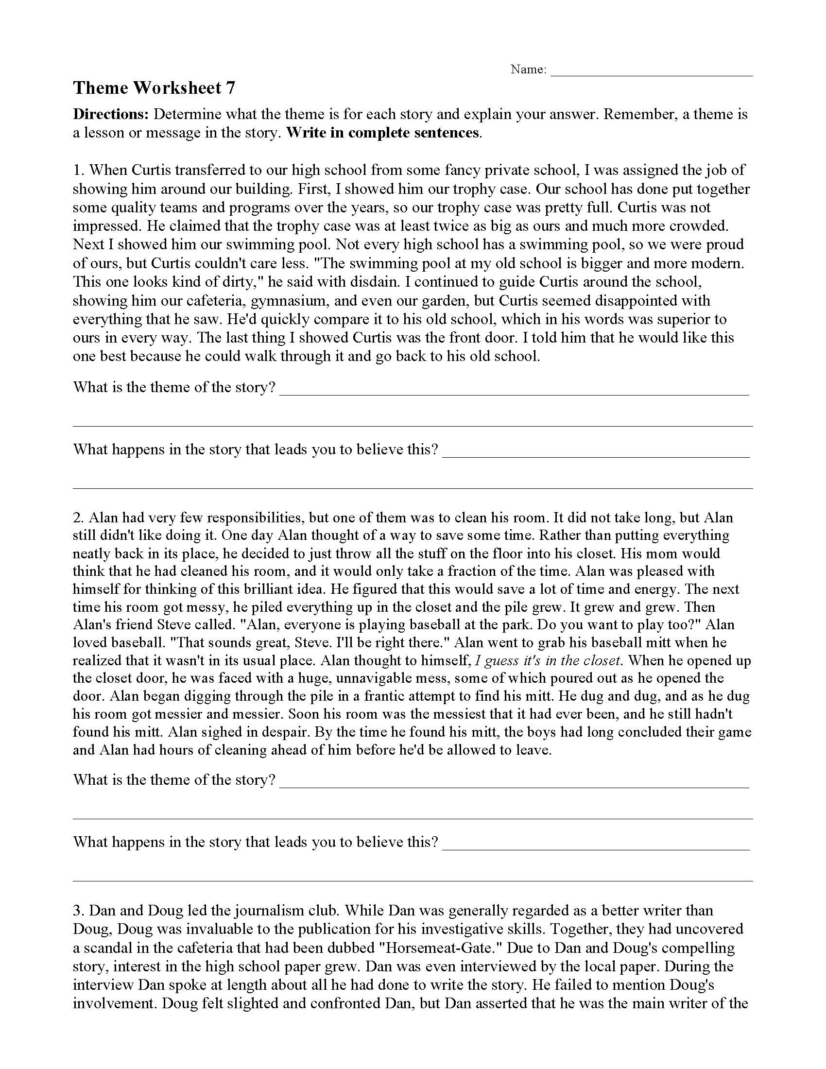 Theme Worksheet 7 | Reading Activity with Grade 7 Story Worksheets