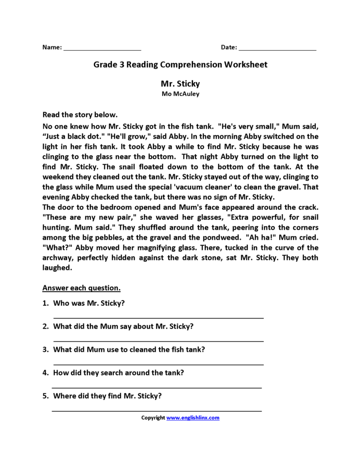 Grade 3 Reading Comprehension Worksheets Improve Reading