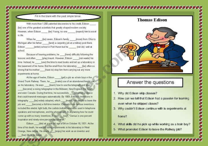 Thomas Edison Reading Comprehension Worksheet