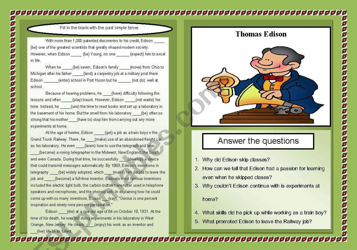 Thomas Edison - Past Simple And Reading Comprehension - Esl inside Thomas Edison Reading Comprehension Worksheet