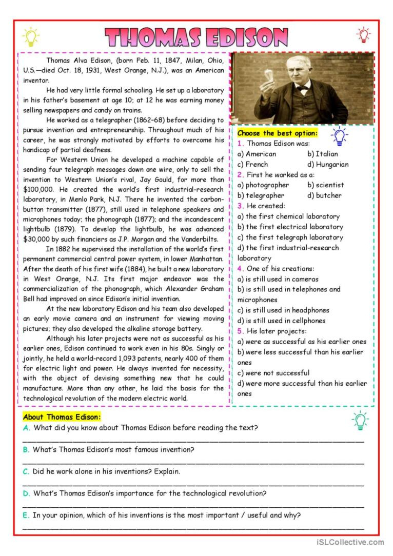Thomas Edison - Readin…: English Esl Worksheets Pdf &amp;amp; Doc for Thomas Edison Reading Comprehension Worksheet