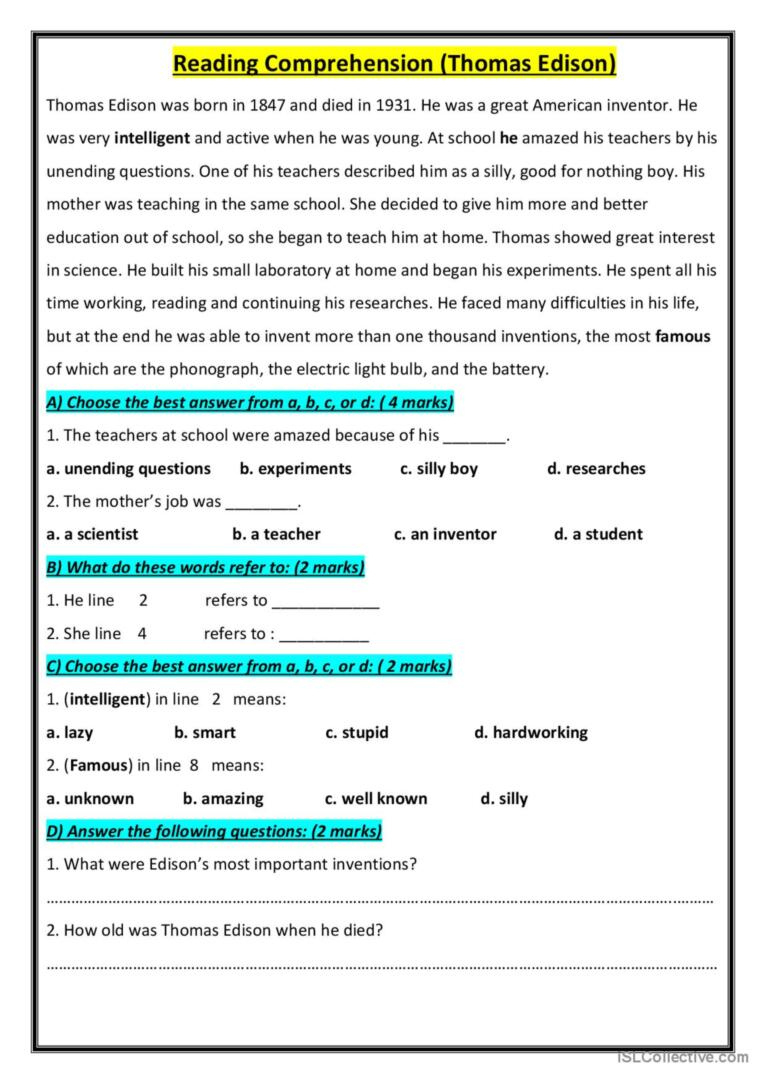 Thomas Edison Reading For Detail (De…: English Esl Worksheets Pdf in Thomas Edison Reading Comprehension Worksheet