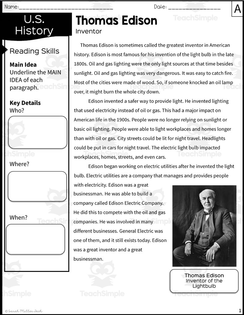 Thomas Edison Reading Packet pertaining to Thomas Edison Reading Comprehension Worksheet