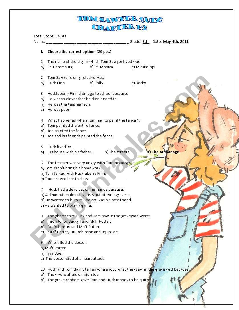 Tom Sawyer Ch 1-2 - Esl Worksheetclaudio Ibacache with regard to Tom Sawyer Reading Comprehension Worksheets