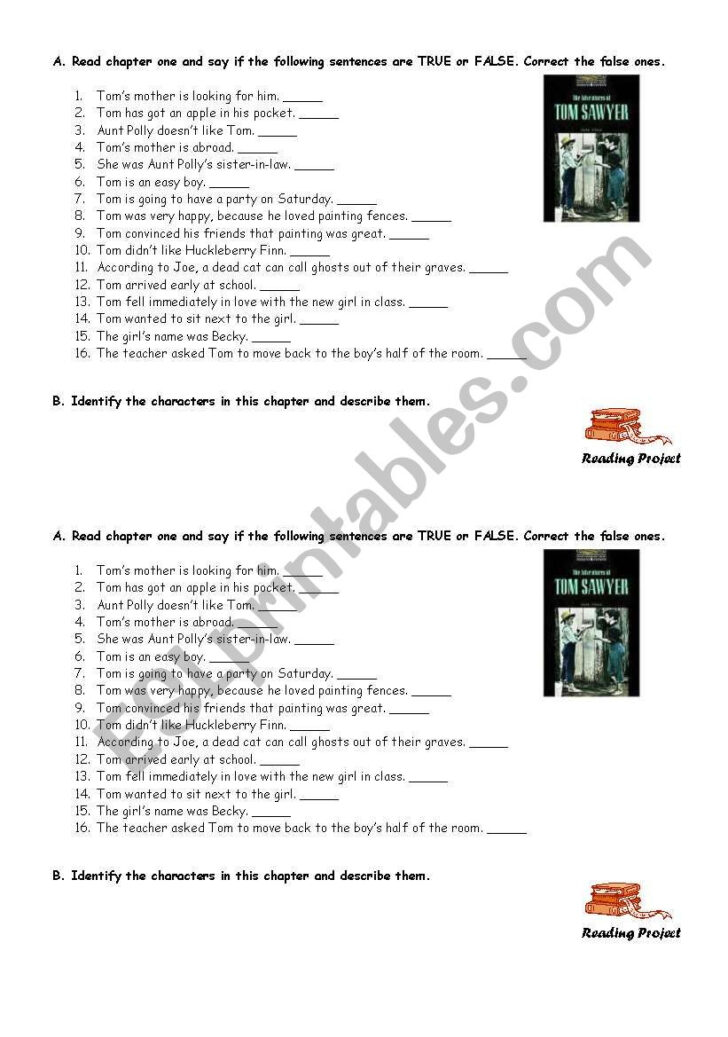 Tom Sawyer Reading Comprehension Worksheets