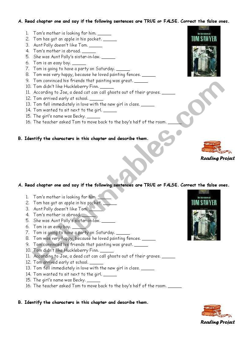 Tom Sawyer Chapter 1 - Esl Worksheetcsarc68 for Tom Sawyer Reading Comprehension Worksheets