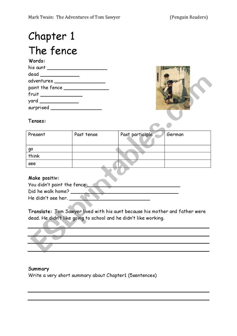 Tom Sawyer Chapter 1 - Esl Worksheetzefirette intended for Tom Sawyer Reading Comprehension Worksheets
