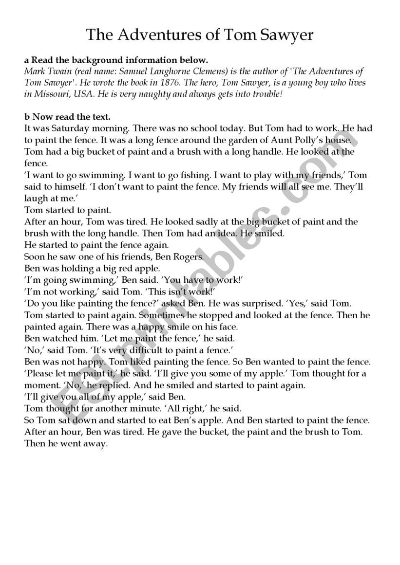 Tom Sawyer Text+Activities+Answers - Esl Worksheetlusi12 inside Reading Comprehension Worksheet the Adventures of Tom Sawyer