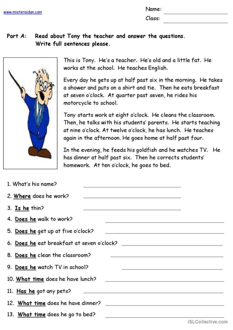 Tony The Teacher - Reading Comprehen…: English Esl Worksheets Pdf with regard to Reading Comprehension Worksheets For Teachers