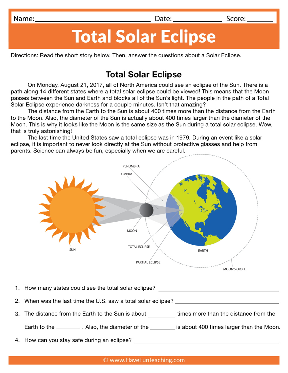 Total Solar Eclipse Worksheet - Have Fun Teaching regarding Solar Eclipse Reading Comprehension Worksheet