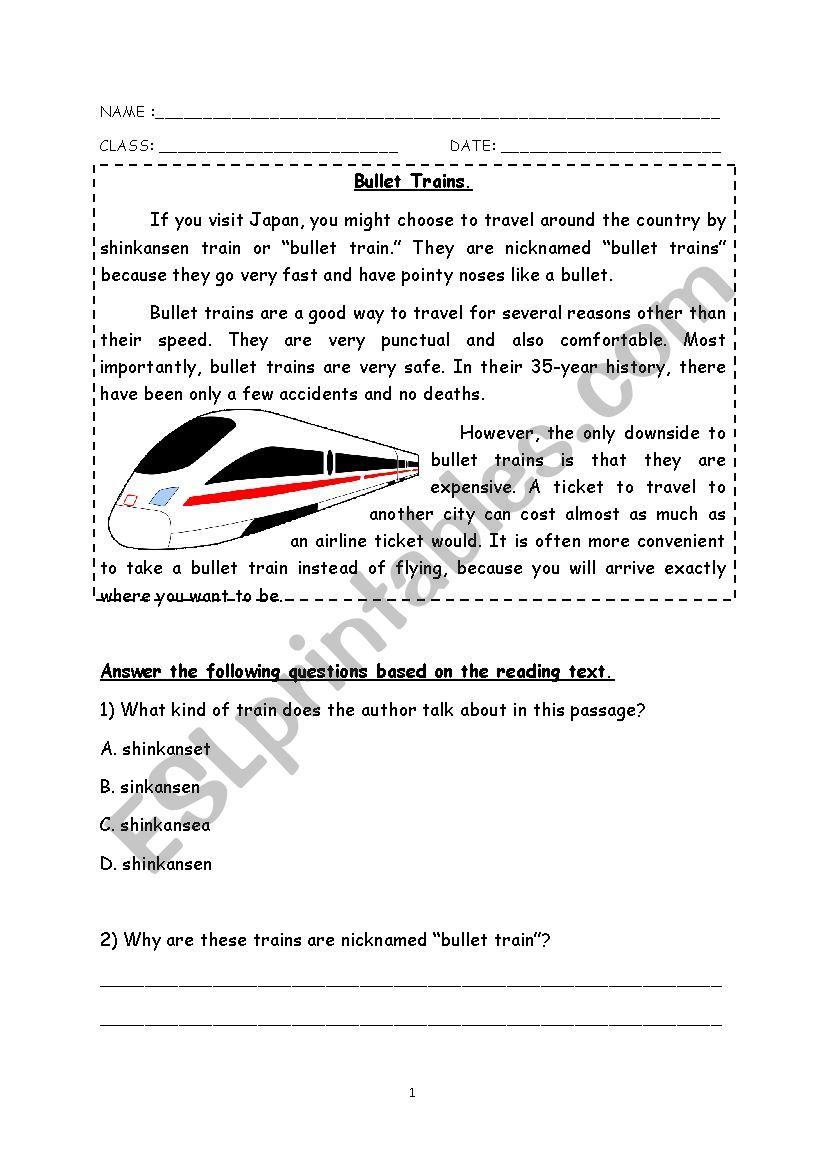 Transportation - Bullet Train Exercises - Esl Worksheetmeow for Transport Comprehension Passage Worksheets