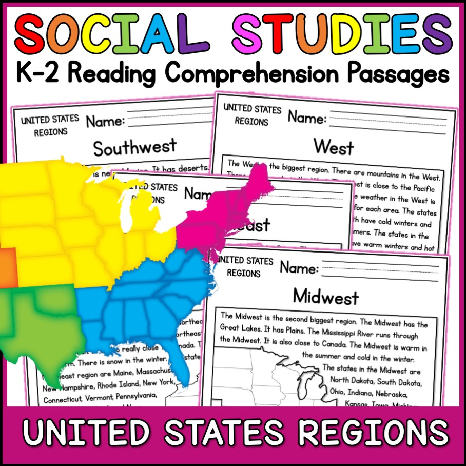United States Regions Reading Comprehension Passages K-2 | Made within United States Reading Comprehension Worksheets