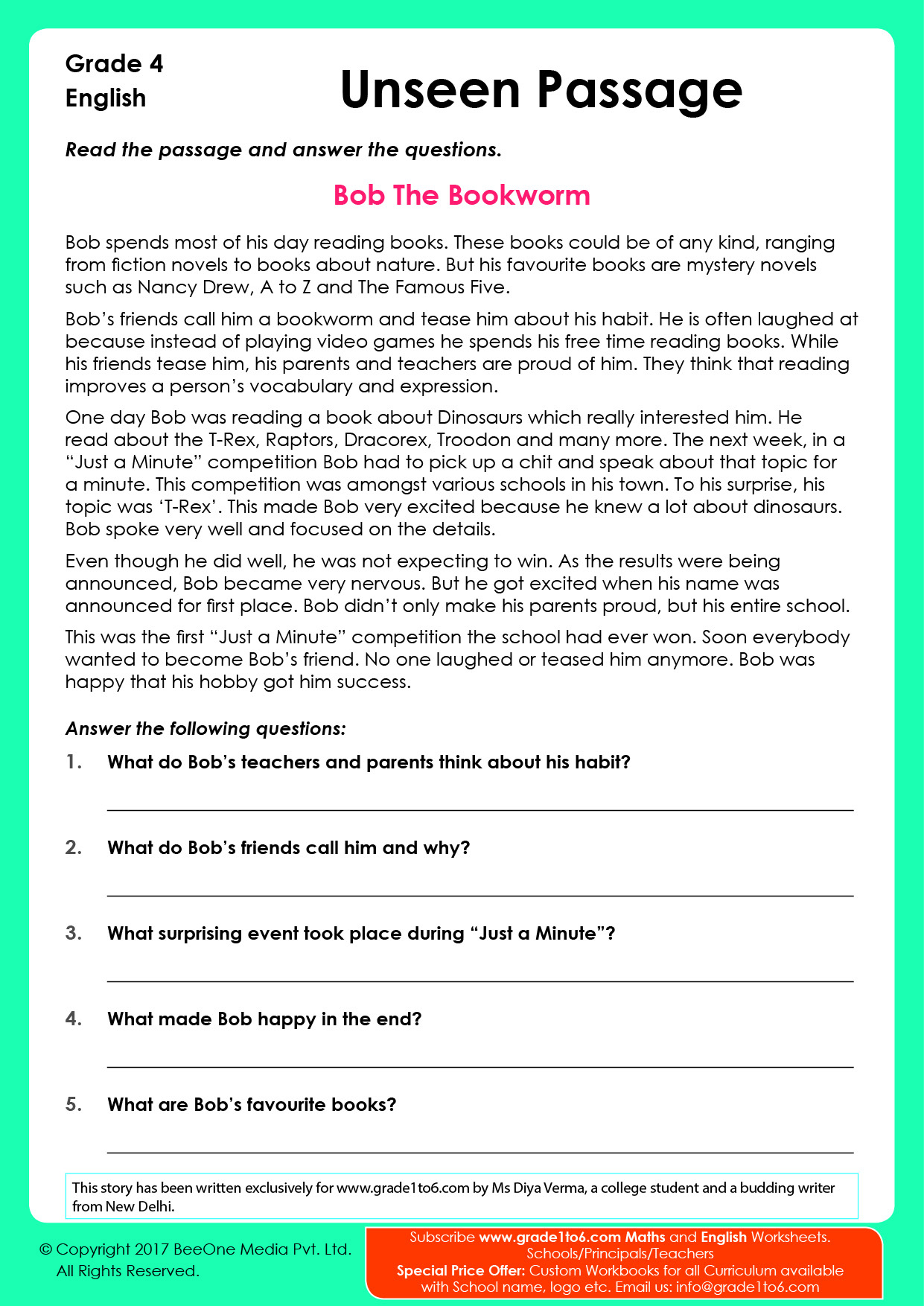 Unseen Passage For Class 4 Cbse | Teacher Prepared regarding Grade 10 Comprehension Passages With Answers Worksheets