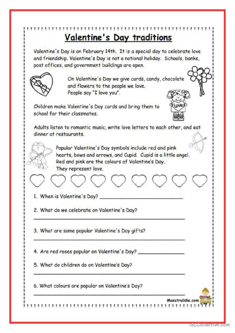 Valentine&amp;#039;S Day Traditions Reading F…: English Esl Worksheets Pdf intended for Valentine Day Reading Comprehension Worksheets