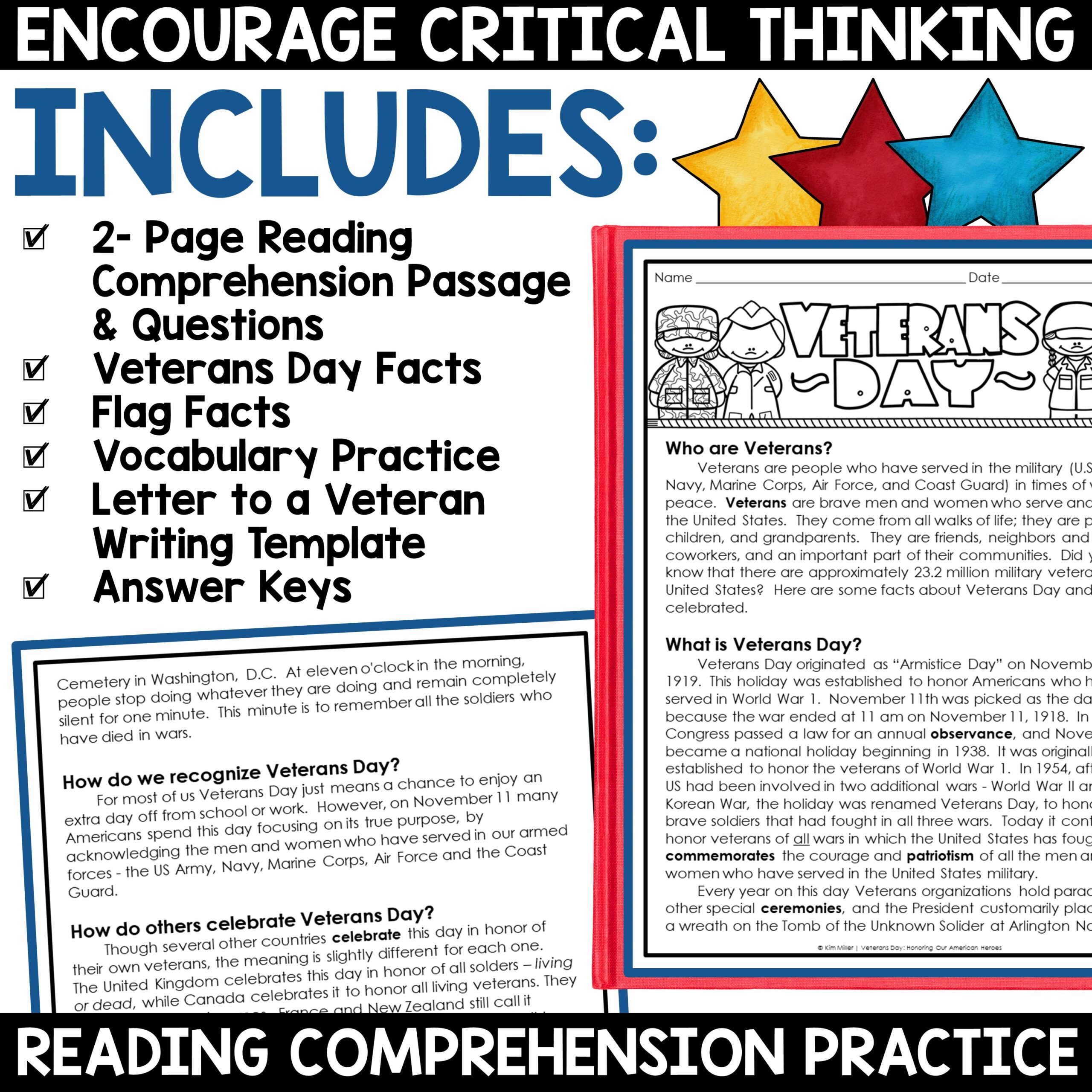 Veterans Day Activities Reading Comprehension Writing Cards 3Rd regarding Veterans Day Reading Comprehension Worksheet