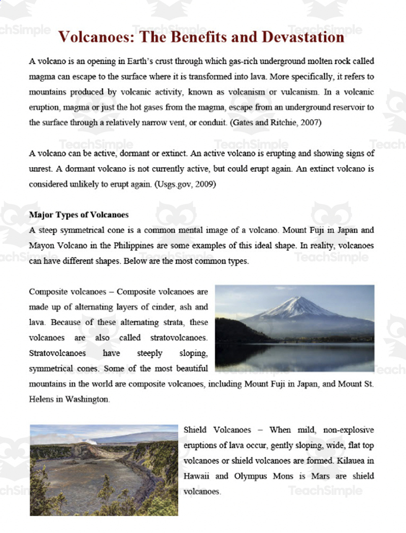 Volcanoes Reading Comprehension Article within Volcanoes Reading Comprehension Worksheet