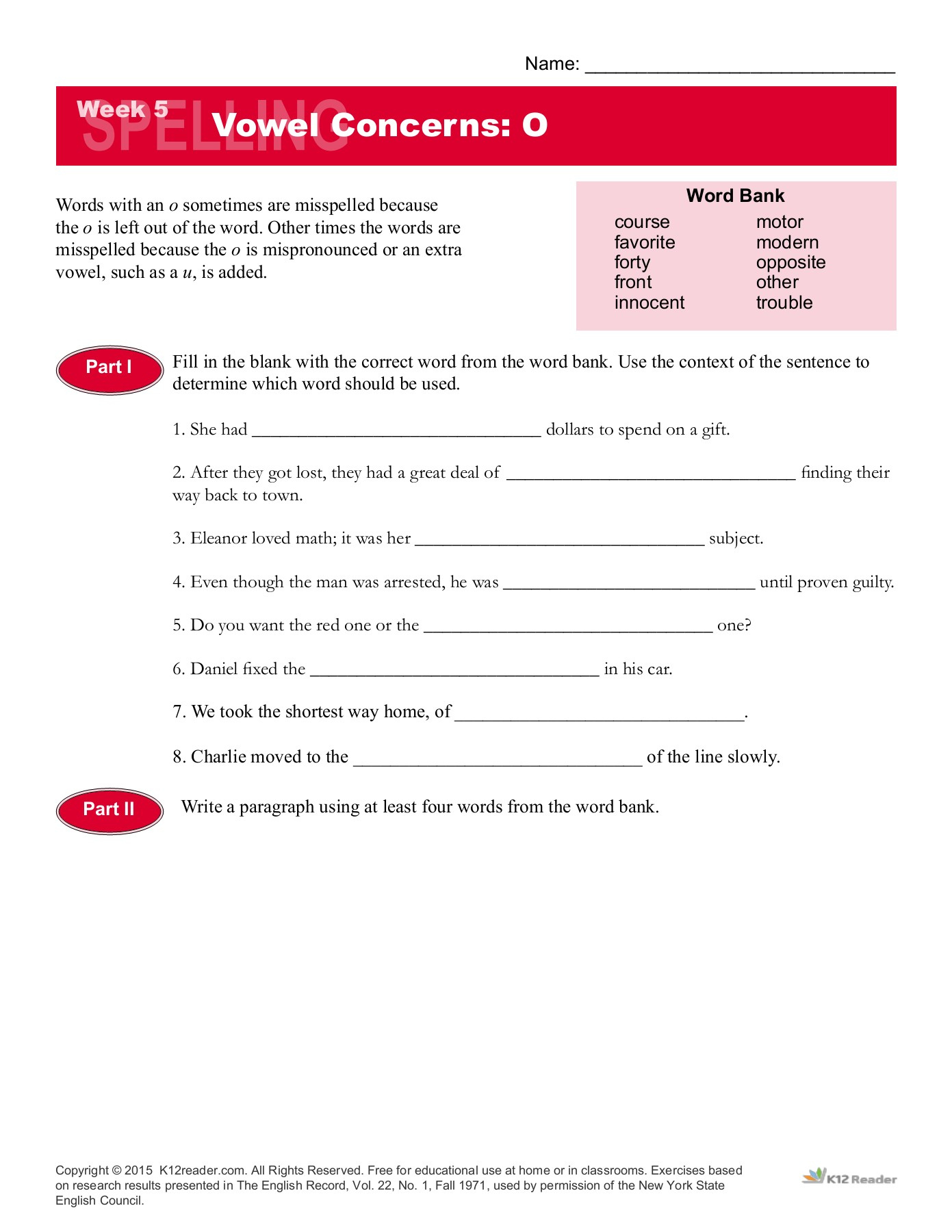 Vowel Concerns: O - Reading Worksheets, Spelling, Grammar throughout K12Reader Reading Worksheets