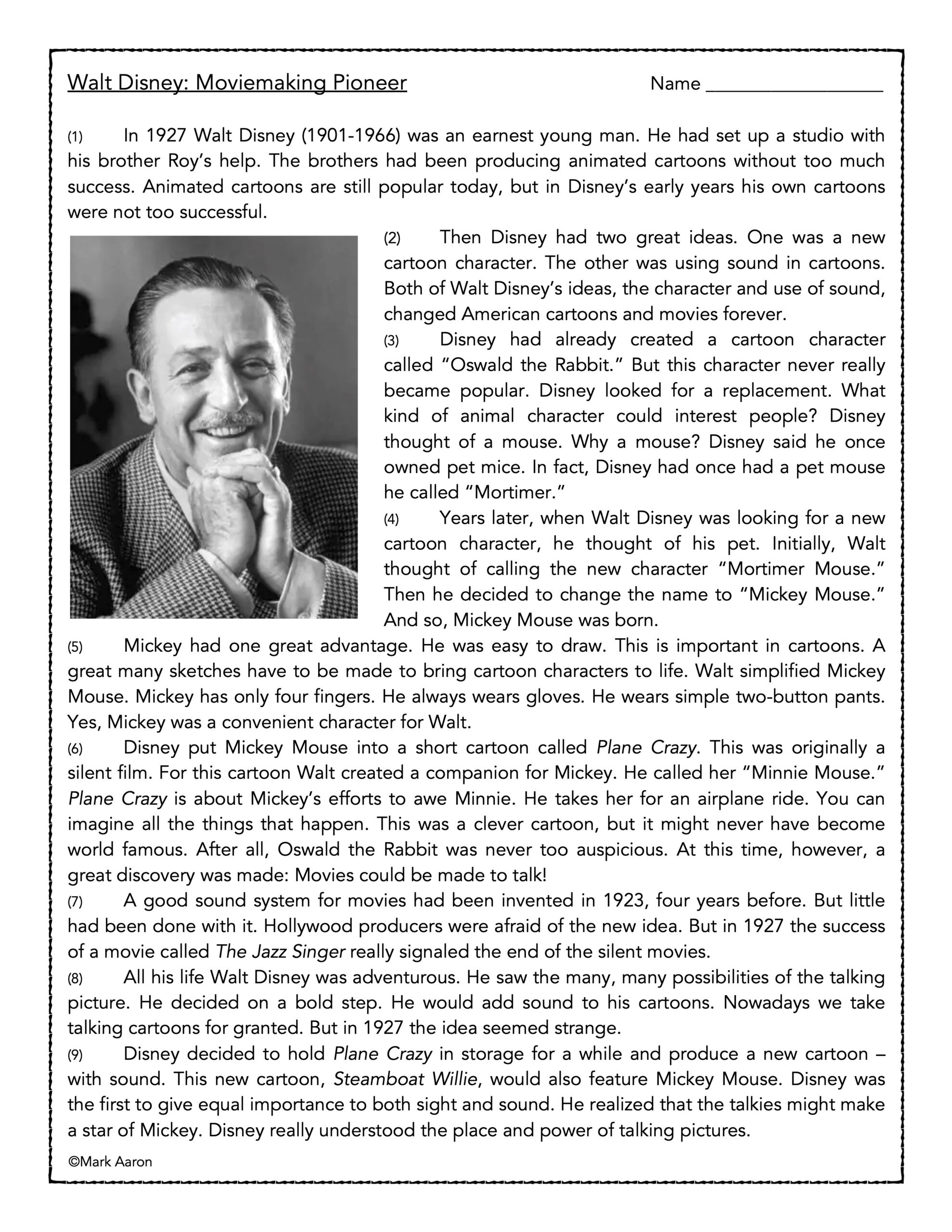 Walt Disney, Moviemaking Pioneer- Reading Comprehension Passage for Disney Reading Comprehension Story Worksheets