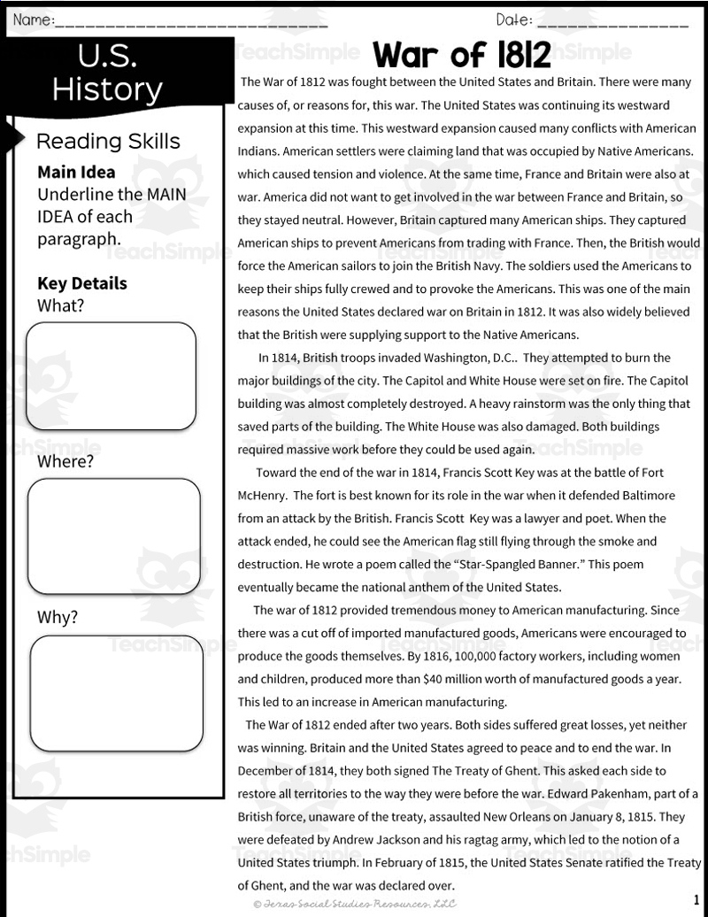 War Of 1812 Reading Packet - 5Th Grade Teksteach Simple regarding War of 1812 Reading Comprehension Worksheet