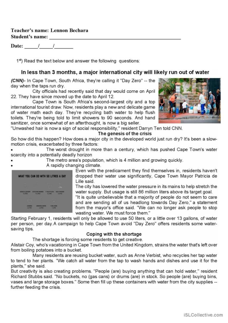 Water Issue-Reading Comprehesio…: English Esl Worksheets Pdf &amp;amp; Doc with regard to Water Reading Comprehension Worksheets