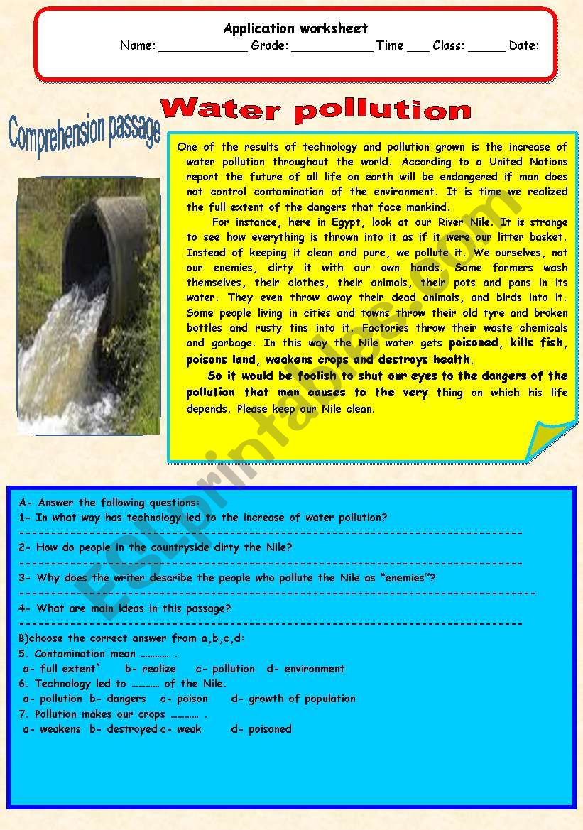 Water Pollution - Esl Worksheetadel A inside Water Pollution Reading Comprehension Worksheets For Kids