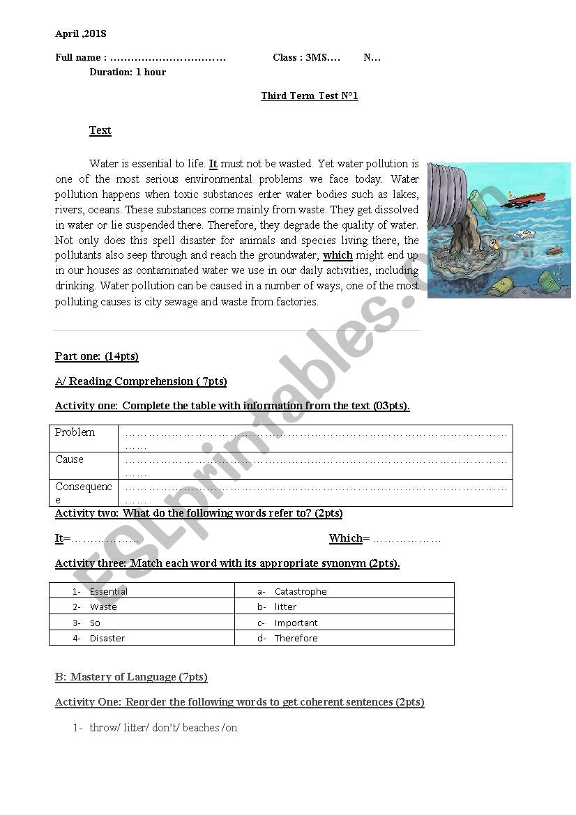 Water Pollution - Esl Worksheetbilabel within Water Pollution Comprehension Worksheets