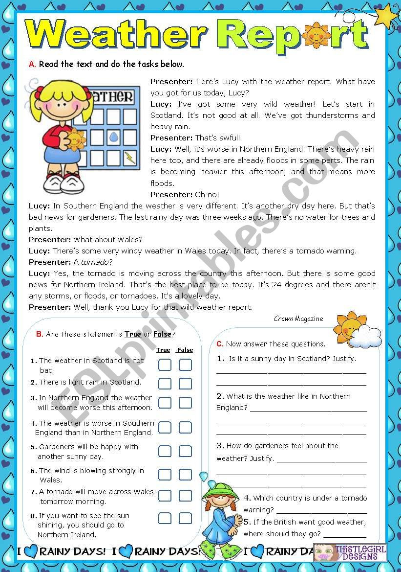 Weather Report - Reading Comprehension - Esl Worksheetmena22 for Severe Weather Reading Comprehension Worksheets