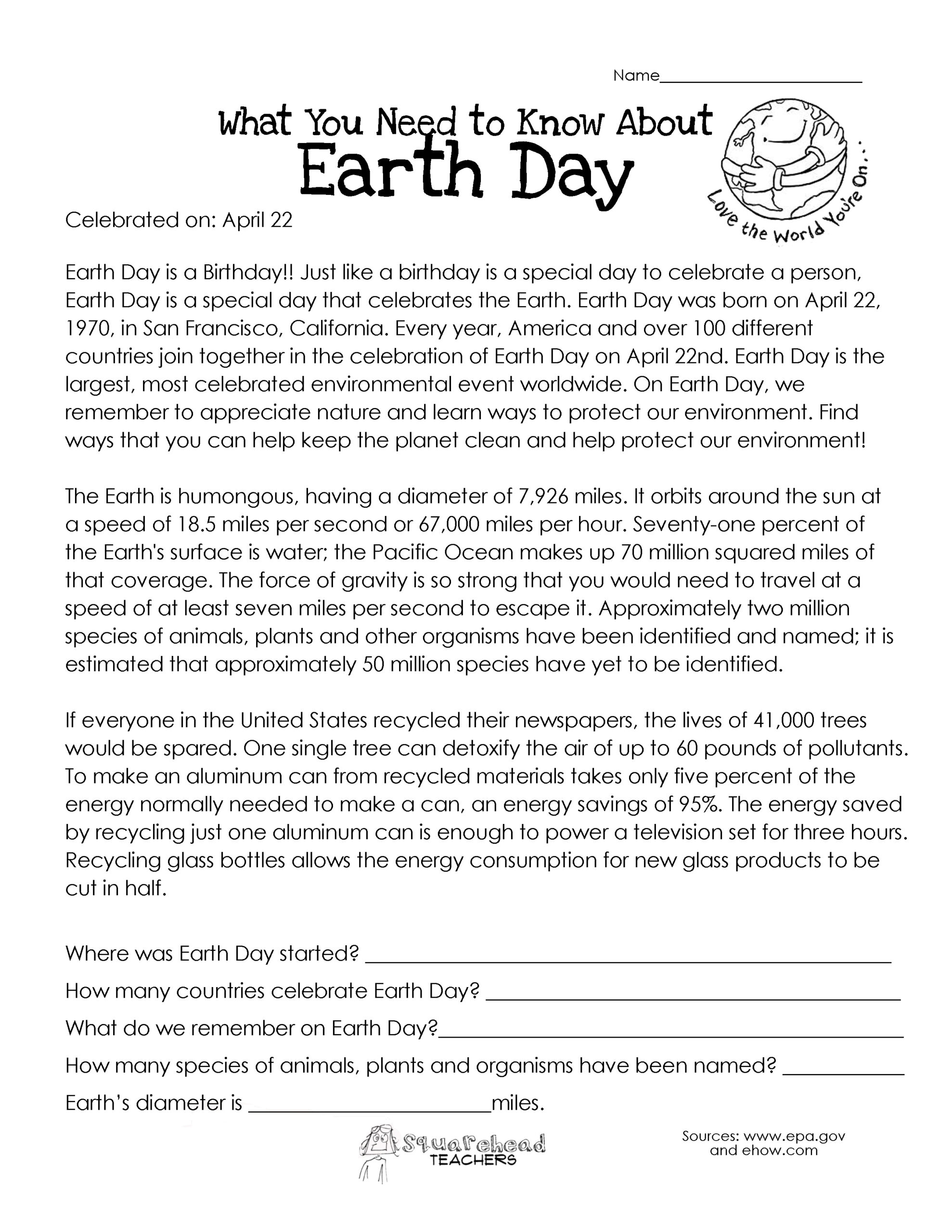 What You Need To Know About Earth Day | Squarehead Teachers intended for Earth Day Reading Comprehension Worksheets Free