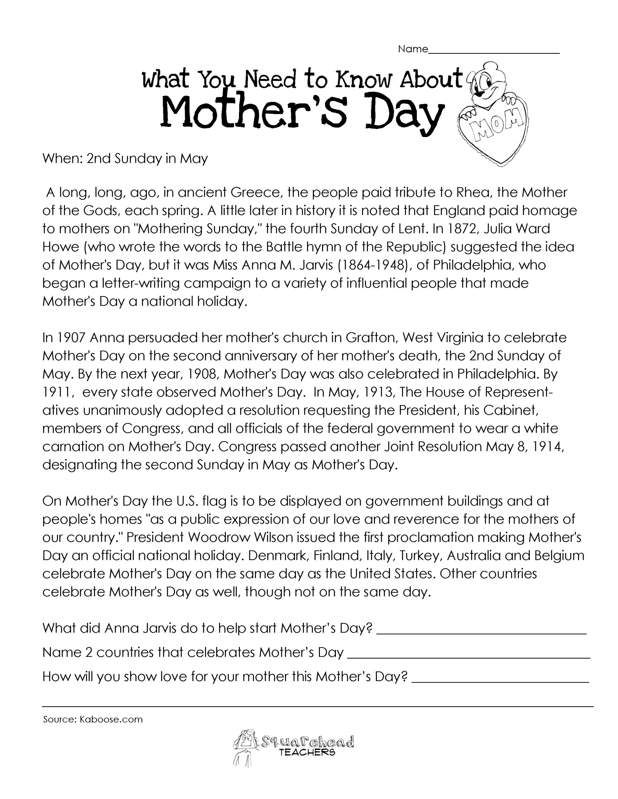 What You Need To Know About Mother&amp;#039;S Day | Squarehead Teachers intended for Mother’S Day Reading Comprehension Worksheets