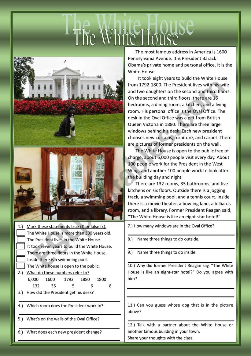 White House Reading Comprehension Practice Exercises - Esl with regard to White House Reading Comprehension Worksheet