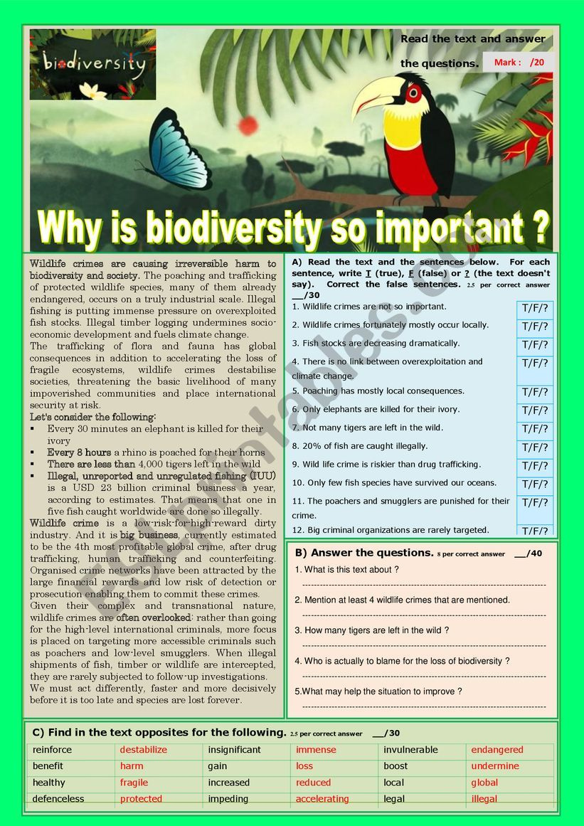 Why Is Biodiversity So Important ? Reading Comprehension Or Test pertaining to Biodiversity Reading Comprehension Worksheet Answer Key
