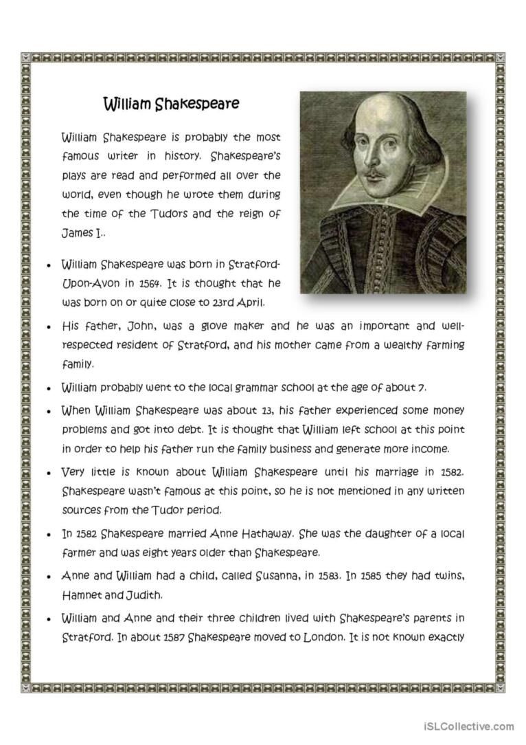 William Shakespeare in Shakespeare Reading Comprehension Worksheets Free