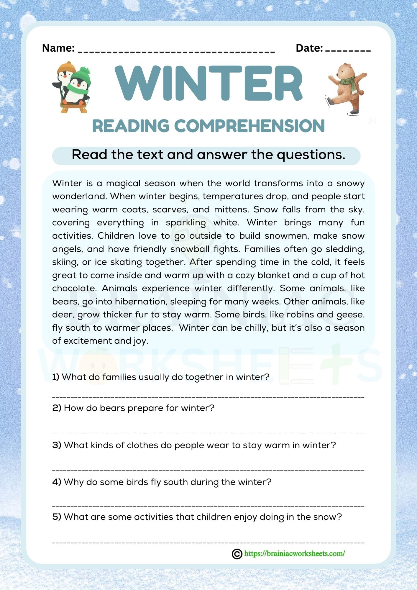 Winter Reading Comprehension English Worksheet For Class 5 regarding Winter Reading Comprehension Worksheet