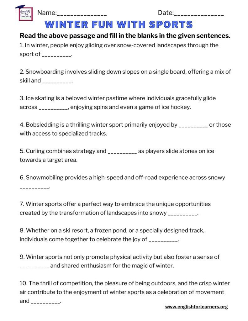 Winter Sports Reading Comprehension With Fill In The Blanks - in Sports Reading Comprehension Worksheet