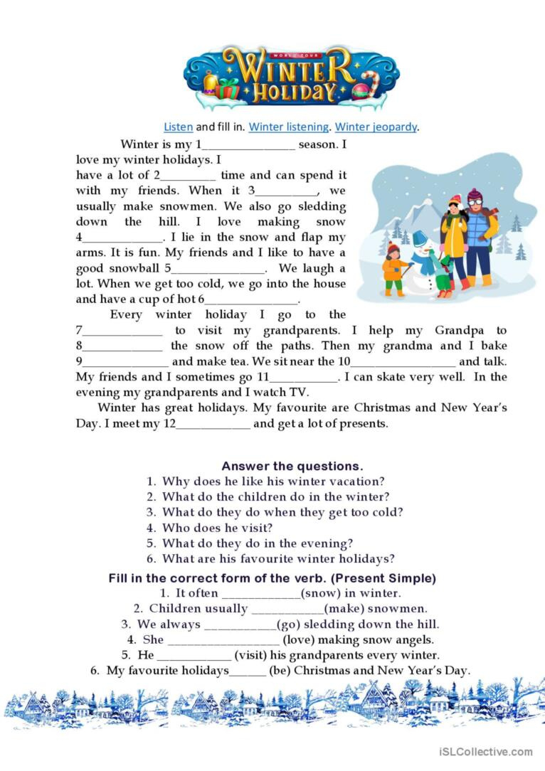 Winter Vacation. Present Simple Gene…: English Esl Worksheets Pdf in Winter Holiday Reading Comprehension Worksheets